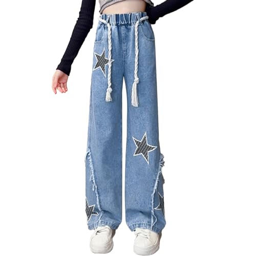 JEYPINMI Girls Straight Wide Leg Denim Pants Elastic Waist Baggy Jeans Relaxed Fit Casual Trousers