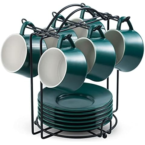 YHOSSEUN Porcelain Espresso Cup and Saucers with Metal Rack Coffee Cups for Double Espresso, Latte, Cafe Mocha, Americano, Tea, 4 Ounces Set of 6, Dark Green Cover