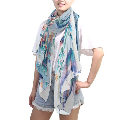 ALAZA Flower Mermaid Starfish Seashell Chiffon Silk Long Scarf Shawl Wrap4