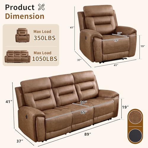 Image of ANJ 2-Piece Oversied Faux Leather Power Recliner Sofa Set with Charging Ports, Include Single Recliner Chair and Electric 3-Seater Reclining Couches for Living Room, Brown