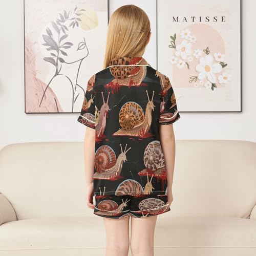 Satin Pajama Sets Short Sleeve Snail Pattern with Blood Halloween Button Down Silky Nightwear 2 Piece PJS 5-14Y4