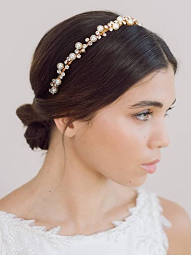 Sweetv Gold Wedding Headband Pearl Tiara For Women Crystal Bridal Headpieces For Wedding Hair Accessories Bride Hairband #TOP1
