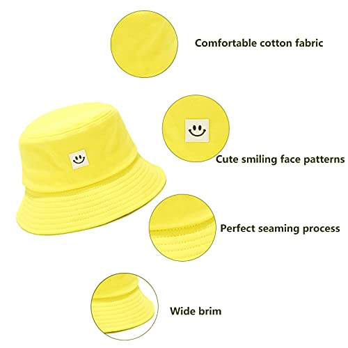 Kids Sun Hat Smile Face Bucket Hat For Girls Boys Summer Sun Protection Cotton Unisex Beach Cap(Yellow) #TOP2