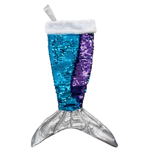 Needzo Blue and Purple Reversible Sequin Mermaid Tail Coastal Christmas Stocking, Sparkly Holiday Stockings with Faux Fur, 12 Inches
