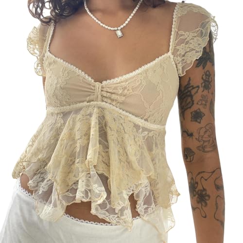 Women Lace Tank Top Cap Sleeve Vintage Floral Sheer Blouse