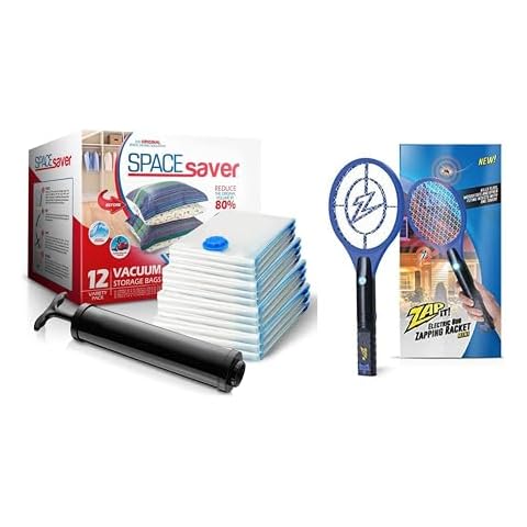 Spacesaver Vacuum Storage Bags - 12-Pack Variety and ZAP iT! Blue Rechargeable 4,000 Volt, USB Charging Mini Electric Bug Zapper Racket Cover