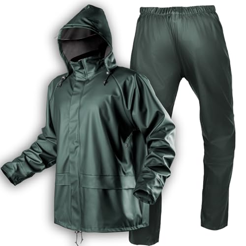 NEO TOOLS Ensemble de pluie chaud pour homme en PU-PVC, imperméable à capuche et pantalon de pluie, taille M-3XL, coutures collées, fermetures éclair et...