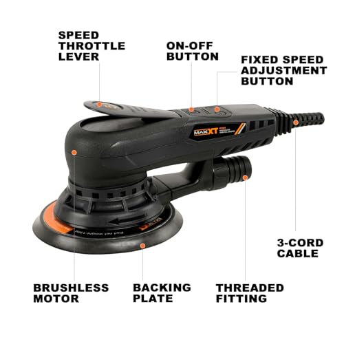 MAXXT 5,0mm Brushless Exzenter Schleifer 230V mit Dreikernverkabelung:150mm, Vielseitiger Elektrischer Schleifer mit variablem Tempo und 10 Schleifscheiben Kabelgebunden