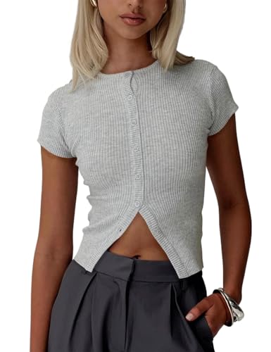 Cioatin Women Button Down Open Front Short Sleeve Crop Tee Tops Y2K Crew Neck Slim Fit Ribbed Cardigan Tshirt Workout