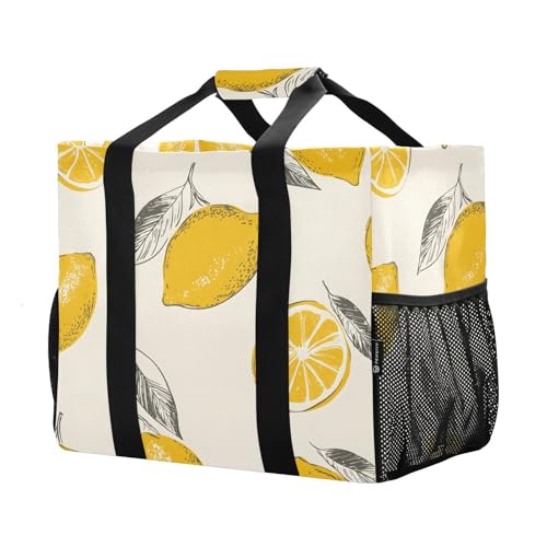 Large Waterproof Travel Tote Bag for Women Men, Lemon Fruit Pattern Canvas Beach Bag with Lining & Pockets - Reusable Grocery/Laundry/Kitchen/Pool/Picnic Tote (15.4x9.8x12.8in)2