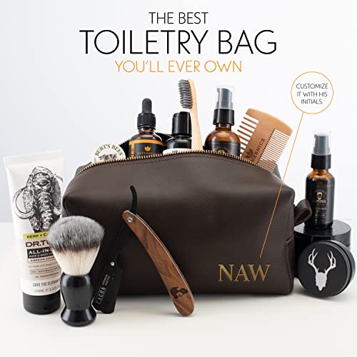 Toiletry Bag for Men, Genuine Leather Toiletry Bag w/ Initials & Names, Groomsmen Gifts for Wedding - Gifts for Dad - Custom Embossed Dopp Kit for Him - Travel Accesories for Men, Black - Medium2