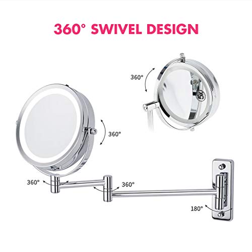 Sharplace Round Double-Sided Swivel Wall Mount Vanity Mirror LED Lighted with 5x Magnification Extension Pole for Counter Home Bathroom Shaving Makeup