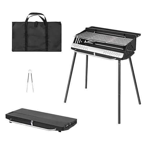 Barbacoa Portátil A Carbón De Acero Rectangular, Plegable, Barbacoa De Carbón Vegetal Grande Con Patas Desmontables, Altura Ajustable, Fácil De Transportar, Parrilla Camping, Terraza, Balcón(Black)