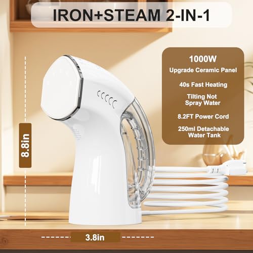 Steamer ＆ Iron 2 in 1 for Clothes, Ceramic Panel, Intelligent Chip Controls Soft Steam (Tilting Not Spray Water), 250ml Water Tank, 8.2FT Power Cord,1000W Portable Handheld Steam Iron (white) by VAPTEC - Image 2