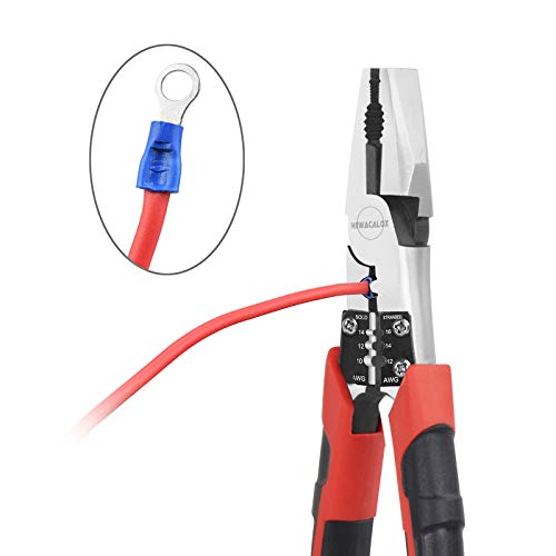 Lineman's Pliers, Combination Pliers with Wire Stripper/Crimper/Cutter Function, Heavy Duty Side Cutting High-Leverage Plier, 8 inch NEWACALOX Red