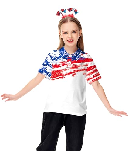 Image of AOBUTE Kids 4th of July Polo American Flag Short Sleeve Button Down Shirts Tops 3-14 Years