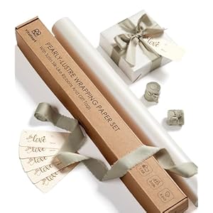 Vitalizart White Wrapping Paper Set 17″ Pearly-Lustre With Silk Like Satin Ribbon & Gift Tags Recyclable Eco-Friendly Christmas Gift Wrapping Birthday Baby Shower Wedding Handmade Crafts 197″(16.4 Ft)