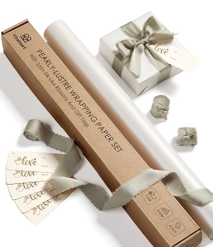 Vitalizart White Wrapping Paper Set 17 Pearly-Lustre With Silk Like Satin Ribbon & Gift Tags Recyclable Christmas Gift Wrapping Birthday Baby Shower Wedding Handmade Crafts 197(16.4 Ft)