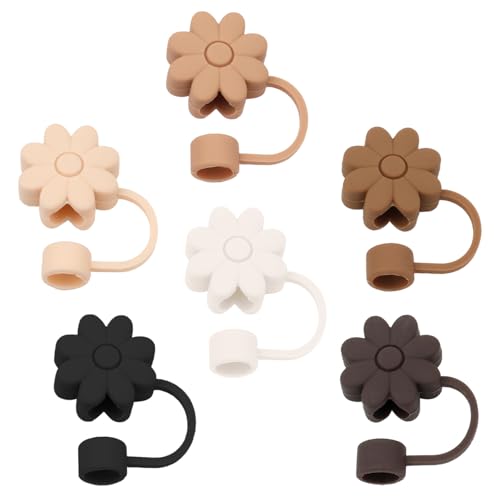 SEMATA Brown Series Silicone Straw Covers Toppers for Stanley Cups 30&40 Oz Tumbler Accessories 6PCS Flower Straw Caps Dust-Proof Reusable Straws Tips Protectors for Stanley Cup 10mm 0.4in Straws