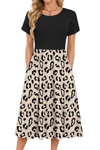 MOLERANI Summer Dresses for Women UK - Round Neck Short Sleeve Elegant Tunic Dress Classic Midi Dress with Pockets Dot Leopard L