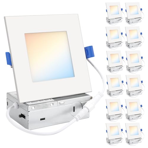 HONZIN Square LED Recessed Lighting 4 Inch 5CCT Ultra Thin Led Recessed Ceiling Lights 12 Pack Selectable 2700K/3000K/3500K/4000K/5000K 9W IC Rated Dimmable Square White Trim with Junction Box