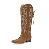 Krypthixor Brown Lace Up Cowboy Boots for Women Embroidered Wide Calf Cowgirl Boots Comfortable Chunky Heel Pointed Toe Trendy Western Shoes for Prom Music Festival Size 11