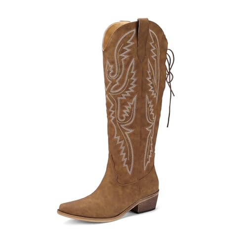 Krypthixor Lace Up Cowboy Boots for Women Embroidered Wide Calf