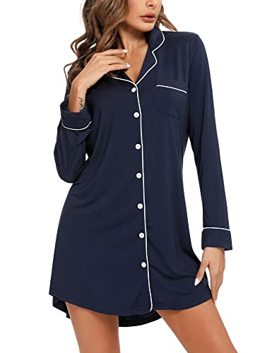 Image of Samring Nightgown for Women Long Sleeve Button Down Night Gown Boyfriend Nightdress Sleep Shirts