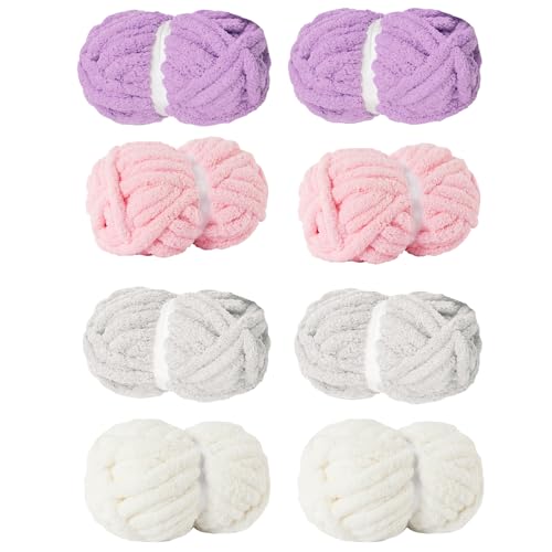 HouseABC Chunky Yarn for Hand Knitting Soft Jumbo Bulky Fluffy Chenille Yarn for Crocheting Blanket Scarf DIY 8 Pack (Pink+Light Purple+Cream+Light Grey, 28yds, 8 Ounces Each) by HouseABC - Used condition - US$25.95