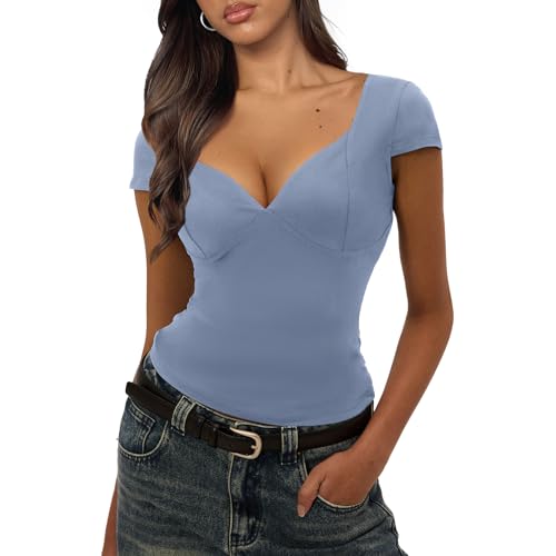 UNIANKIYA Corset court à manches courtes et col en V profond pour femme Dos nu Sexy Y2K Sortir Haut mignon tendance Cami T-Shirts, Bleu Haze, Taille L