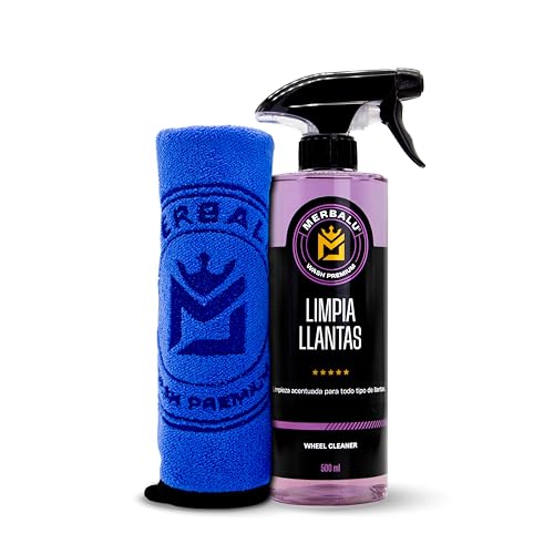 MERBALU Limpia llantas coche Limpiador de llantas Descontaminante ferrico para coche y moto Sin ácidos. Bayeta microfibra incluida Limpia llantas 500 ml.