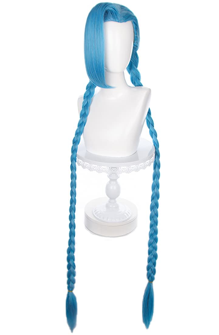 Anime Wigs Blue Long Braid Wig for Jinx Cosplay Halloween Party Costume Wig