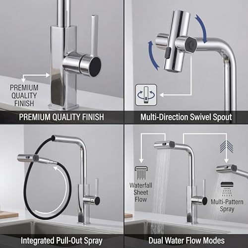 Image of InArt 360 Rotatable Brass Kitchen Faucet, Pull Out Kitchen Faucet with Waterfall Design (Chrome)