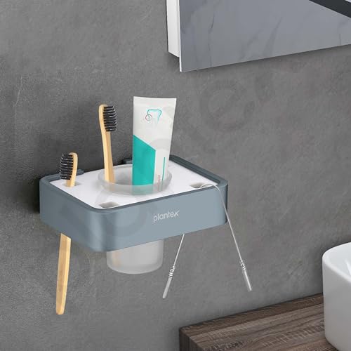 Image of Plantex Aluminium and Acrylic Toothbrush Holder /Tumbler Holder for Bathroom /Toothpaste /Razor Holder /Bathroom Accessories - (Grey and Milky White)