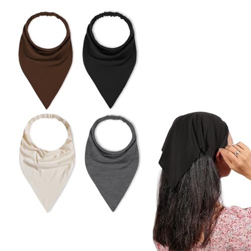 Kabwea 4 Pares de Bandas para el Cabello Boho de Mujer, Pañuelos Triangulares, Bandanas de Chifón, Turbantes Elásticos (Negro, Gris Oscuro, Crema, Marrón Oscuro)