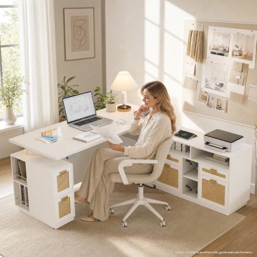 Image of ModernMate 71 inch L Shaped Electric Standing Desk with 4 Drawer File Cabinet