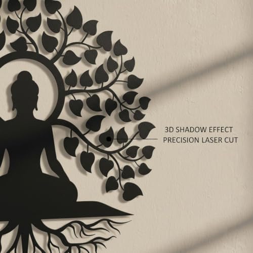 Image of Herrlich Homes Tree of Life Buddha Metal Wall Art |Meditation Yoga Altar Buda Indoor Zen Home Decor |Outdoor Garden Patio Hanging | 40CM X 40CM | Black