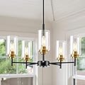 5 Lights Glass Farmhouse Chandeliers for Dining Room, Modern Kitchen Light Fixtures Over Table, Kitchen Island Pendant Ceiling Lighting , Black and Gold Hanging Light for Foyer Living Room Bedroom