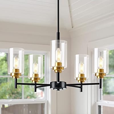 5 Lights Glass Farmhouse Chandeliers for Dining Room, Modern Kitchen Light Fixtures Over Table, Kitchen Island Pendant Ceiling Lighting , Black and Gold Hanging Light for Foyer Living Room Bedroom