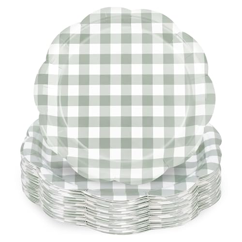 48 Pcs Sage Green Scalloped Paper Plates - 9Inch Gingham Paper Plates Green and White Checkered Party Plate Disposable Plaid Decorative Dinner Dessert Serving Plate for Baby Shower Wedding Birthday 48 Pcs Sage Green Scalloped Paper Plates - 9Inch Gingham Paper Plates Green and White Checkered Party Plate Disposable Plaid Decorative Dinner Dessert Serving Plate for Baby Shower Wedding Birthday