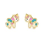 oro 18 kt 750  Orecchini per bambini unicorno smaltato - oro giallo 18k (750)