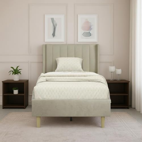 Image of Modern Upholstered Single Size Bed Without Storage | Single Size Bed for Bedroom with Headboard | Palang Furniture for Guest Room, Hotels and Home | Beige, (Beige)