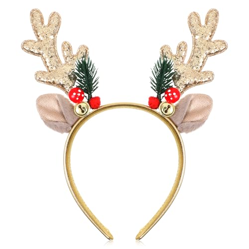 Haarreif Weihnachten, Goldenes Rentiergeweih-Stirnband mit Glocke,...