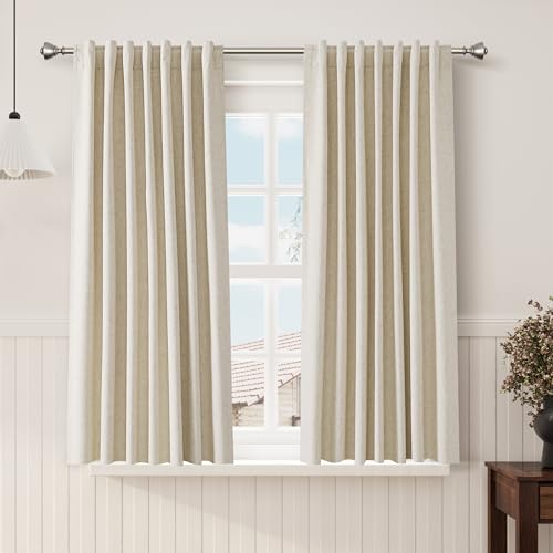 Image of Beige 100% Blackout Linen Curtains 63 Inch Length for Bedroom Back Tab Thermal Insulated Rustic Country Farmhouse Decor Black Out Curtain for Living Room Dining Room Neutral Drapes 52x63, 2 Panels