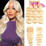 Blonde Body Wave Human Hair Bundles with Closure 100% Unprocessed 613 Body Wave Bundles with 4X4 Transparent Swiss Free Part Lace Closure