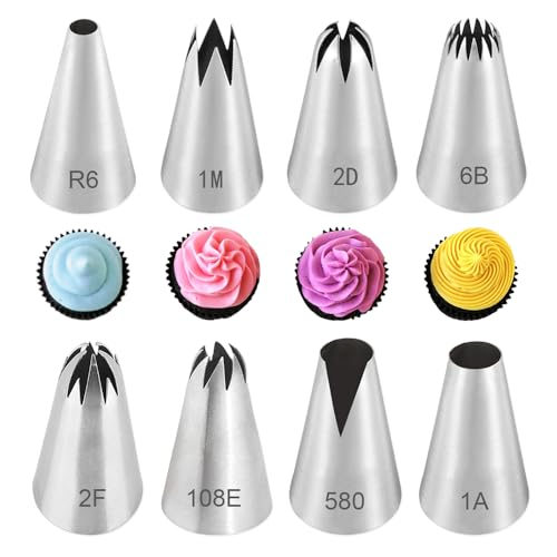 GIDWRIY 8 pcs Embout Poche A Douille Patisserie,Douilles à Pâtisserie RéUtilisable,Douille en Acier Inoxydable,Poche à Douille Accessoires,Kit de Pâtisseris de Gâteau,Douille à Pâtisserie Tuyauterie