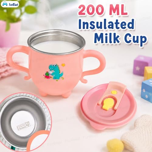Image of FunBlast Milk Mug for Kids - Dinosaur Print S316 Stainless Steel Mug for Kids, Insulated Milk Cup with Lid & Straw, Water, Juice Drinking Mug, Glass, Cup for Kids - 200 ML (Pink)