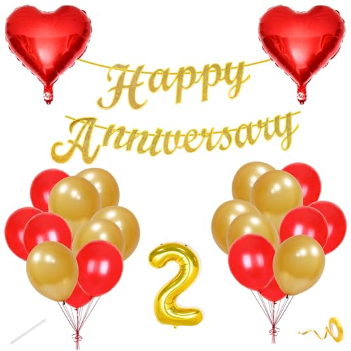 Image of Flyloons 2nd Happy Anniversary Decoration Items Red Gold for Men Women Husband Wife Mom Dad Parent Couple Home Bedroom Car With 20 Pcs Metallic Balloons Anniversary Banner 2 Pcs Heart Set Kit