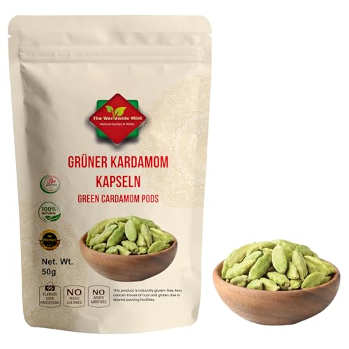 Grüner Kardamom ganz 50g | Aroma-kardamomkapseln Premium Qualität | Kardamomkapseln für Chai Tee Kaffee & Backen | 100% Naturrein Vegan & Non-GMO | Handverlesene Hari Elaichi