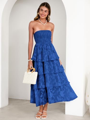 Image of Simplee Womens Summer Strapless Maxi Dress 2026 Boho Floral Off Shoulder Wedding Guest Dresses Tiered Beach Long Sundress